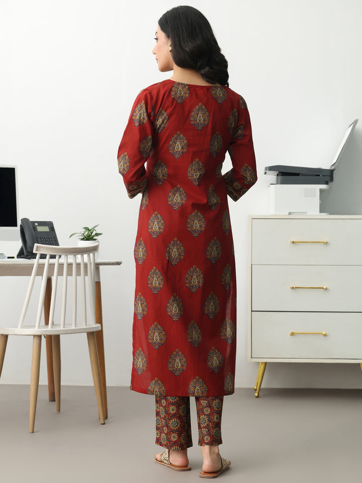 Rust Ethnic Motifs Printed Cotton Blend Straight Kurta Set