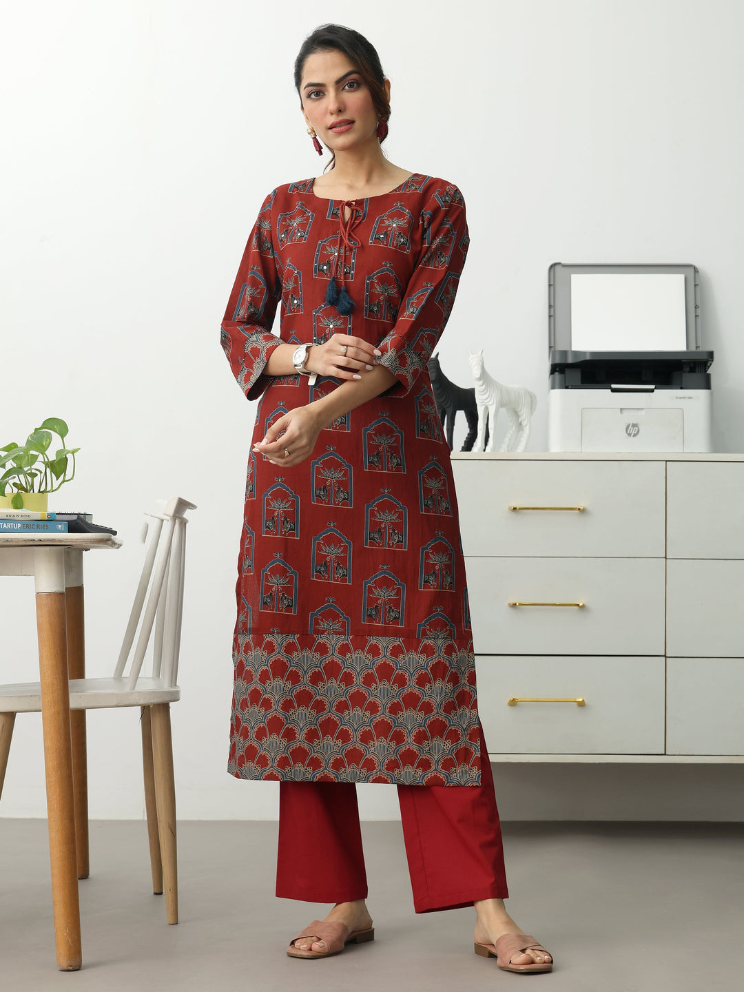 Rust Ethnic Motifs Printed Cotton Blend Straight Kurta Set