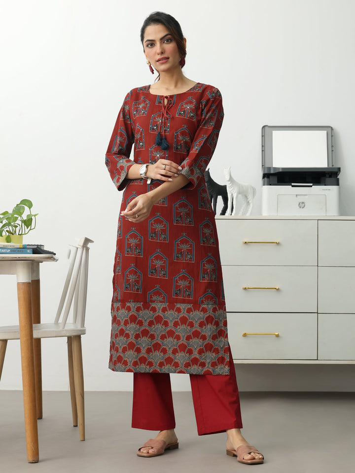 Rust Ethnic Motifs Printed Cotton Blend Straight Kurta Set