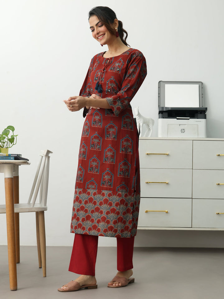 Rust Ethnic Motifs Printed Cotton Blend Straight Kurta Set