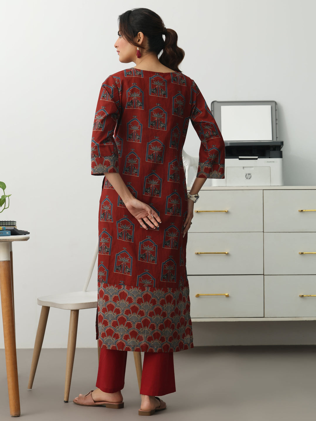 Rust Ethnic Motifs Printed Cotton Blend Straight Kurta Set