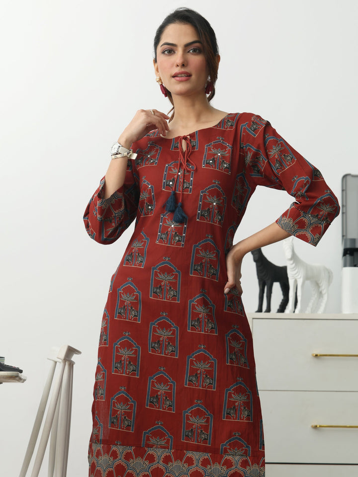 Rust Ethnic Motifs Printed Cotton Blend Straight Kurta Set