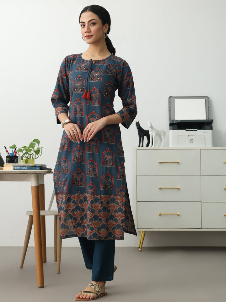 Blue Ethnic Motifs Printed Cotton Blend Straight Kurta Set