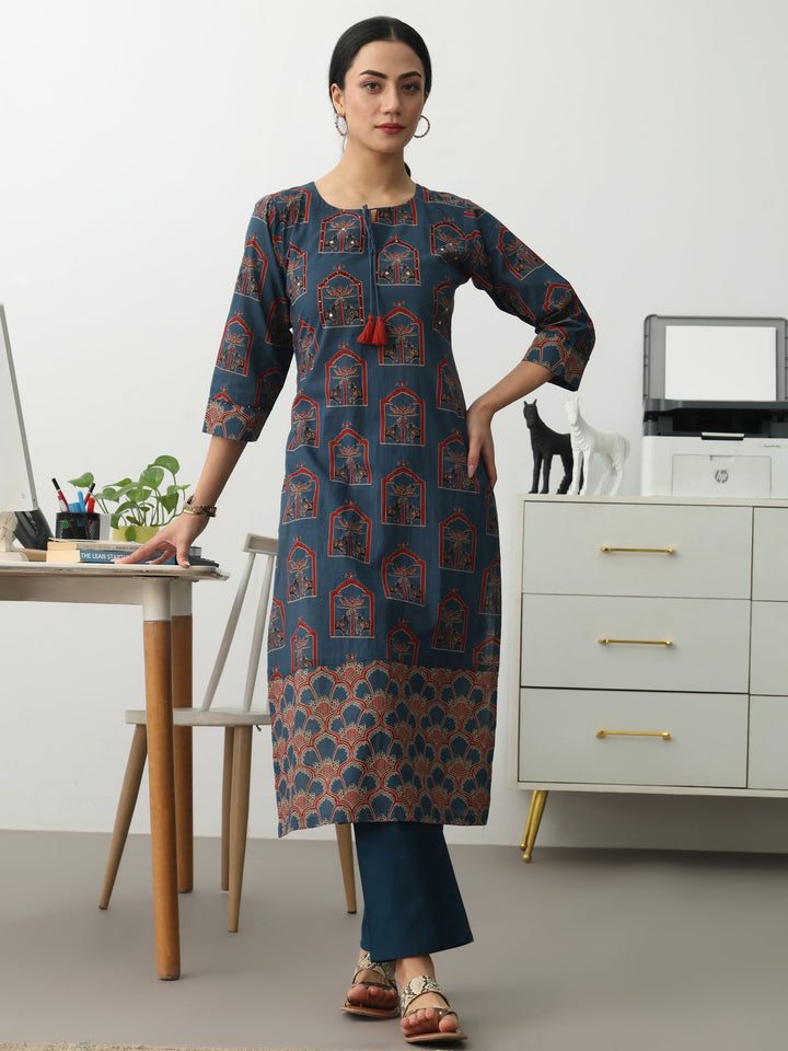 Blue Ethnic Motifs Printed Cotton Blend Straight Kurta Set