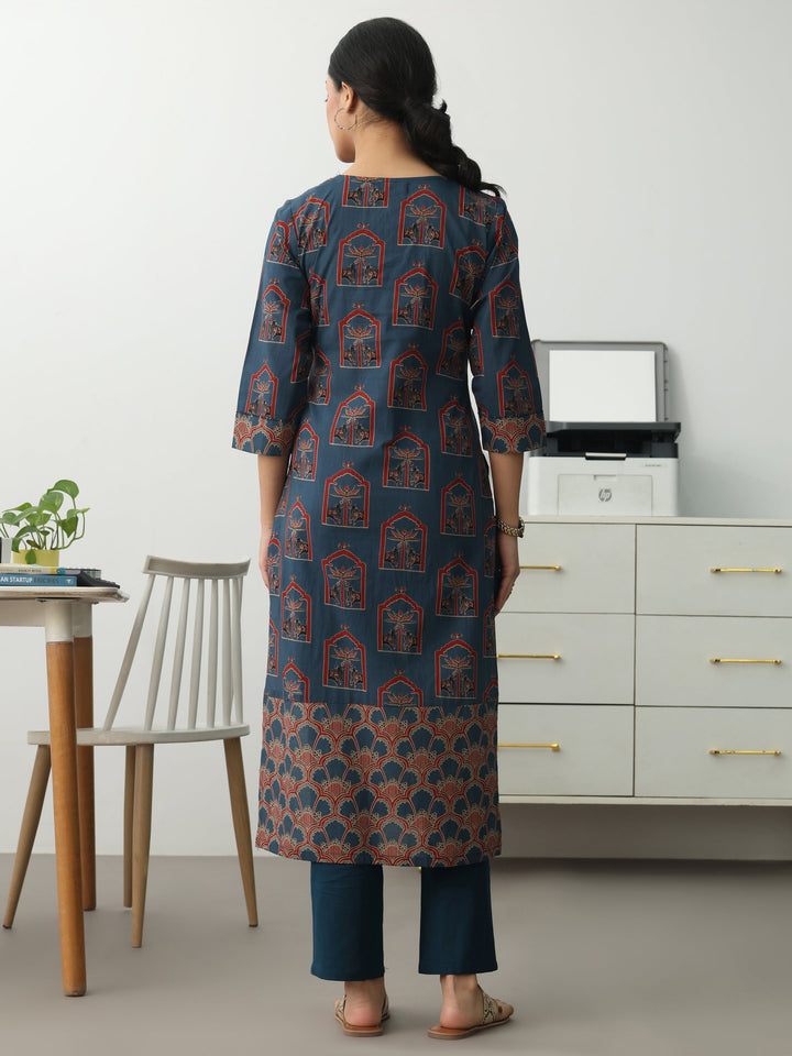 Blue Ethnic Motifs Printed Cotton Blend Straight Kurta Set