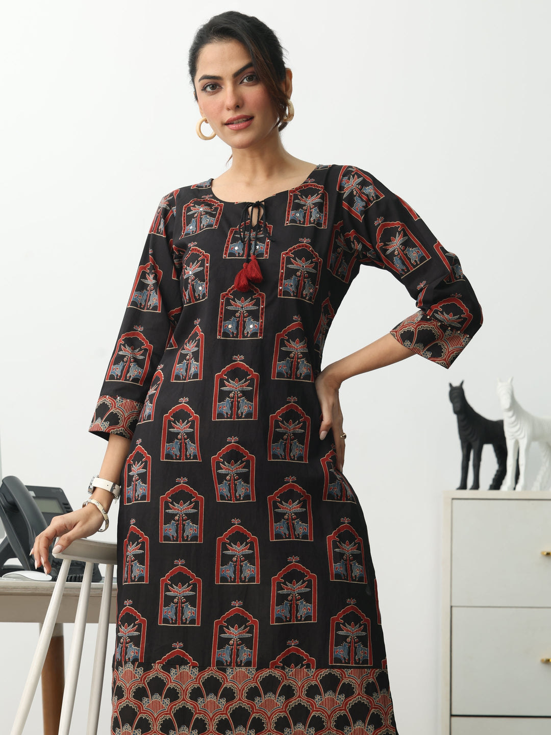 Black  Ethnic Motifs Printed Cotton Blend Straight Kurta Set