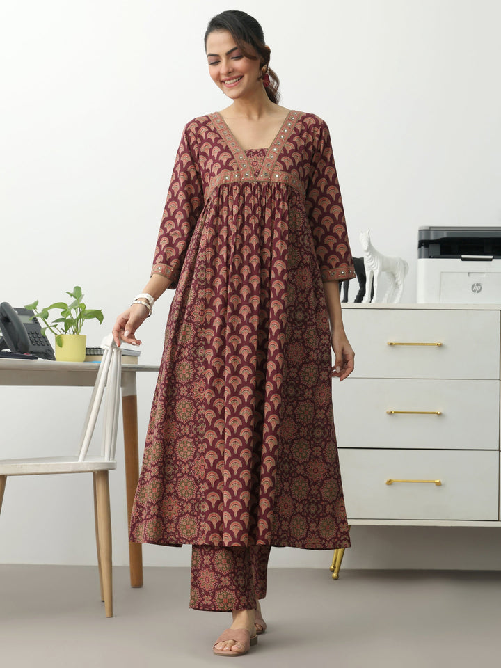 Burgundy Ethnic Motifs Printed Cotton Blend A-Line Kurta Set