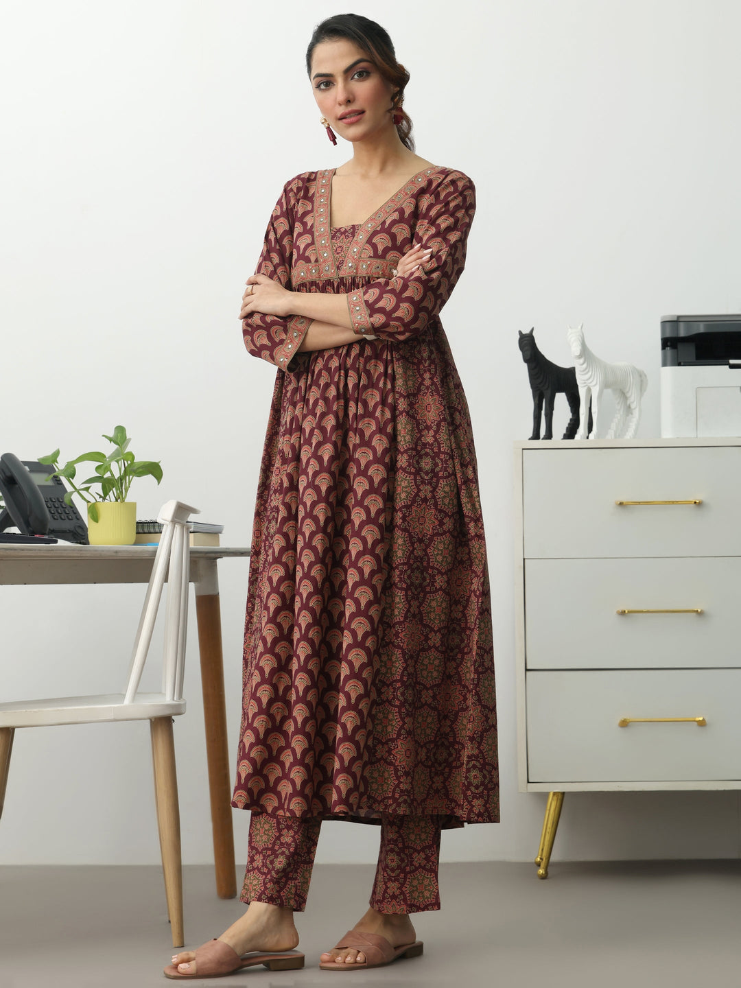 Burgundy Ethnic Motifs Printed Cotton Blend A-Line Kurta Set