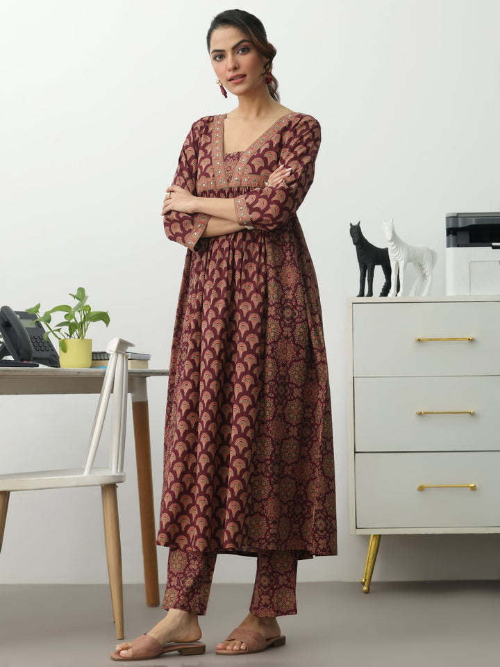 Burgundy Ethnic Motifs Printed Cotton Blend A-Line Kurta Set