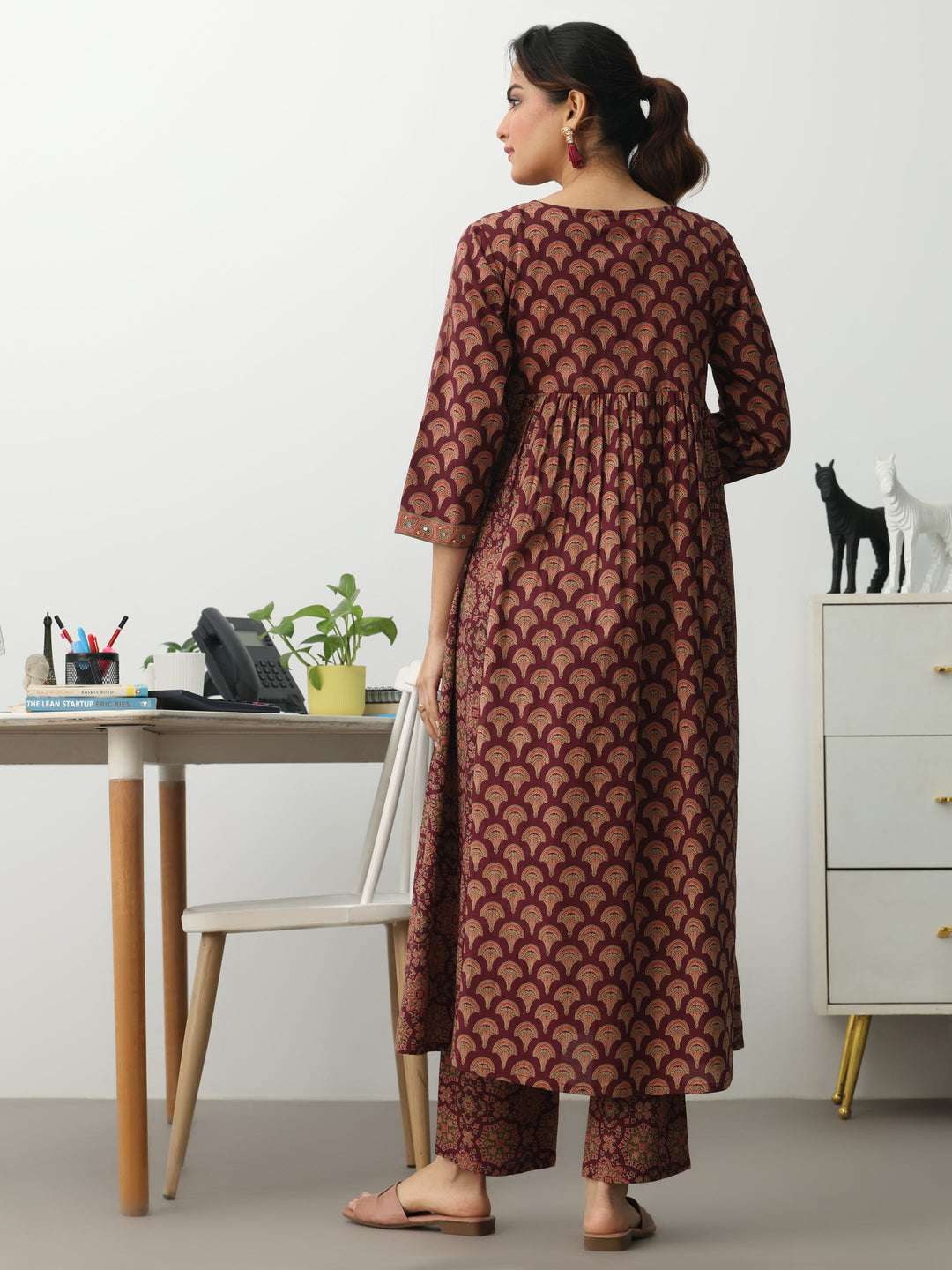 Burgundy Ethnic Motifs Printed Cotton Blend A-Line Kurta Set