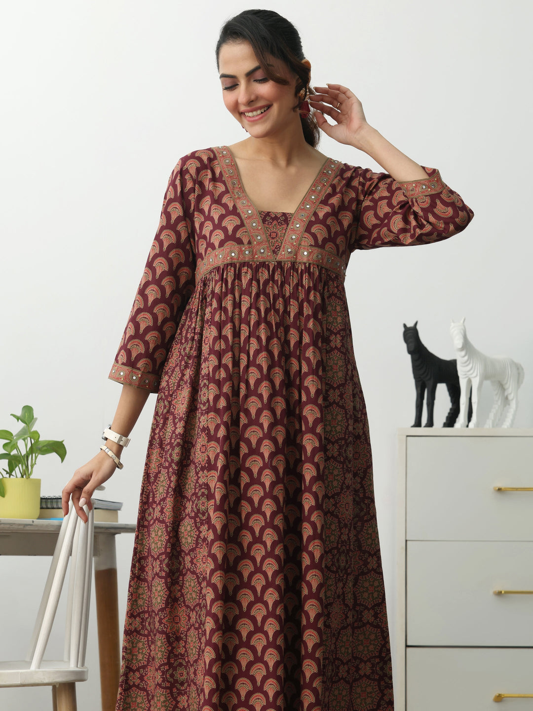 Burgundy Ethnic Motifs Printed Cotton Blend A-Line Kurta Set