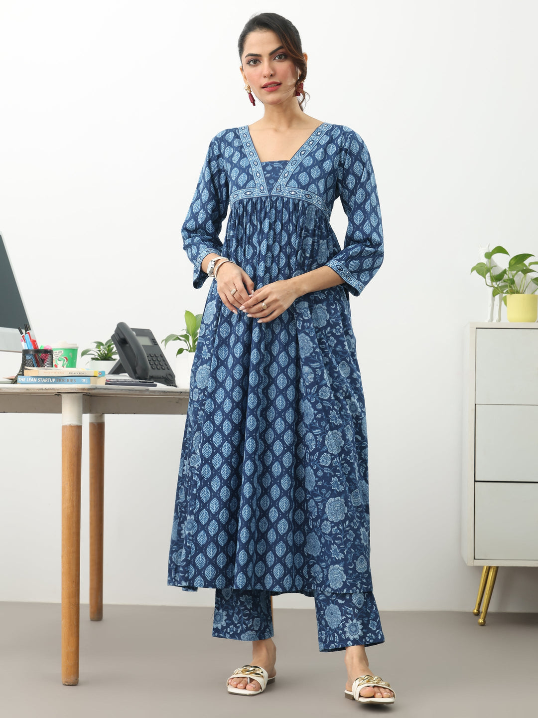 Blue Ethnic Motifs Printed Cotton Blend A-Line Kurta Set