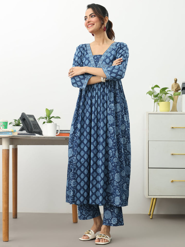Blue Ethnic Motifs Printed Cotton Blend A-Line Kurta Set