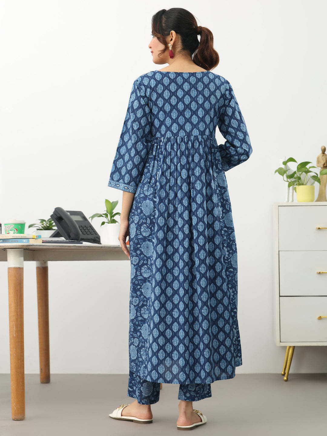 Blue Ethnic Motifs Printed Cotton Blend A-Line Kurta Set