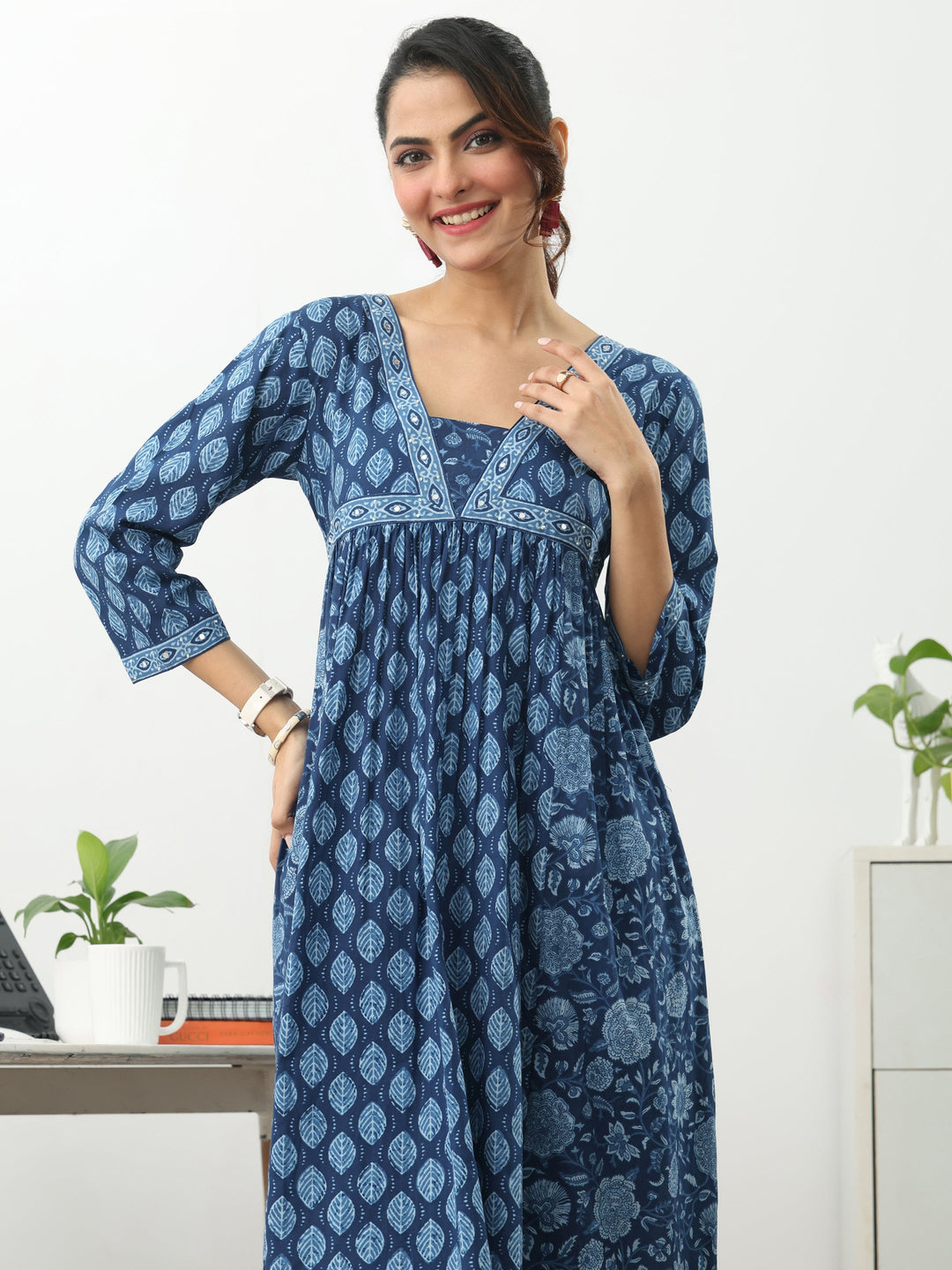Blue Ethnic Motifs Printed Cotton Blend A-Line Kurta Set