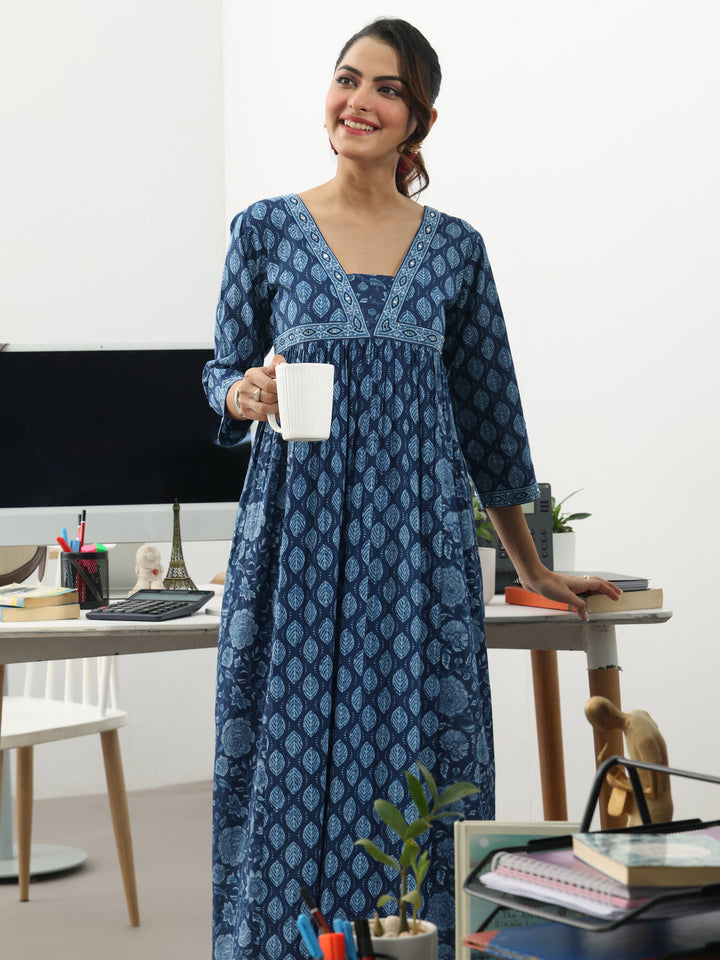 Blue Ethnic Motifs Printed Cotton Blend A-Line Kurta Set
