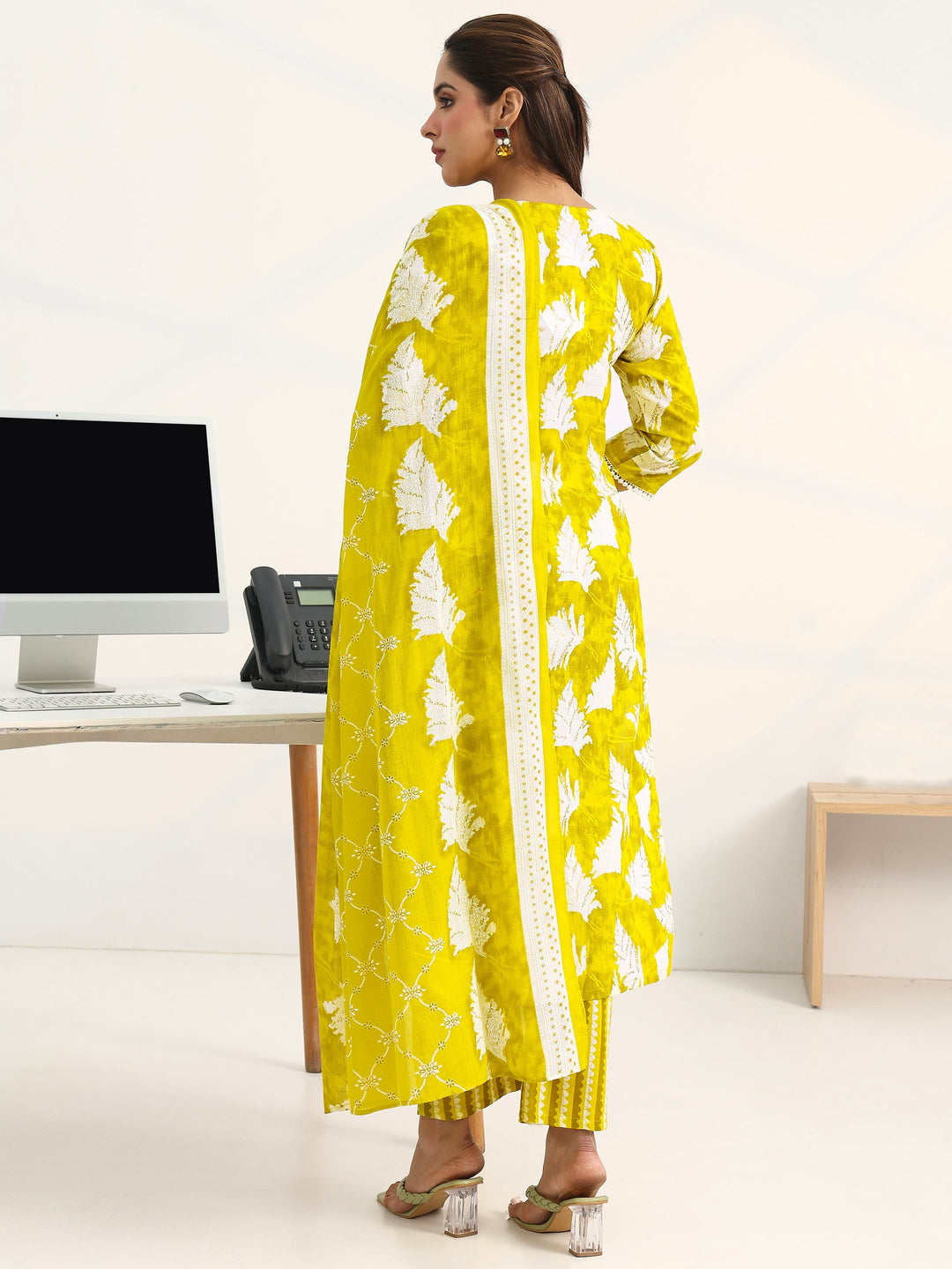 Green Floral Printed Cotton Blend Straight Suit Set With Dupatta