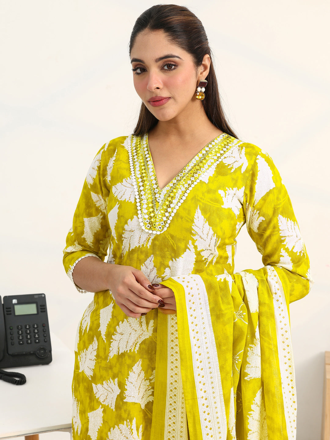 Green Floral Printed Cotton Blend Straight Suit Set With Dupatta