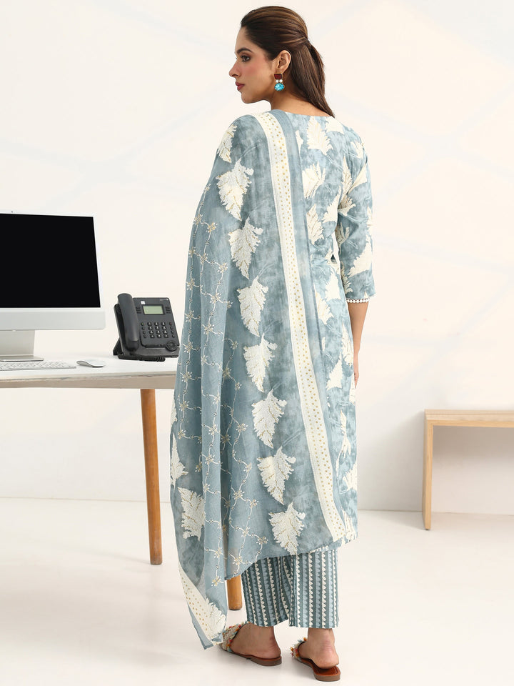 Grey Floral Printed Cotton Blend Straight Suit Set With Dupatta