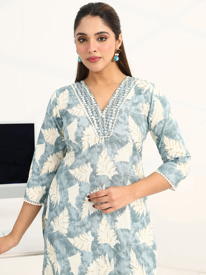 Grey Floral Printed Cotton Blend Straight Suit Set With Dupatta