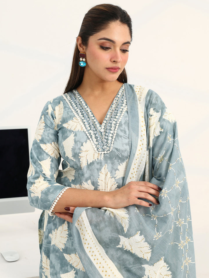 Grey Floral Printed Cotton Blend Straight Suit Set With Dupatta