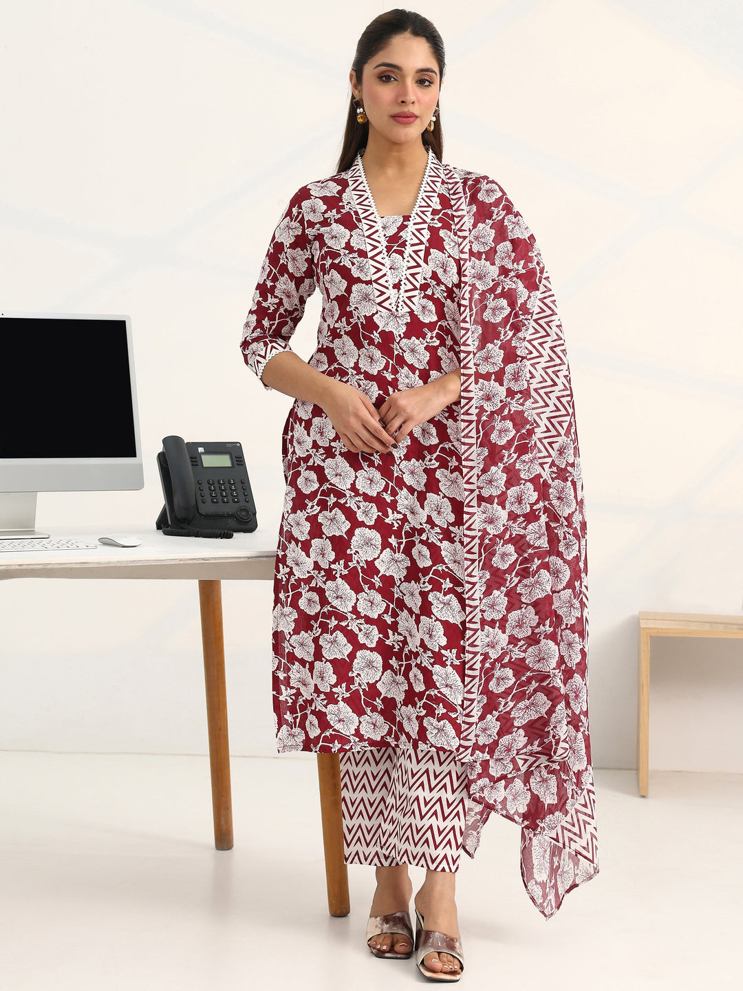 Maroon Floral Printed Cotton Blend Straight Suit Set With Dupatta