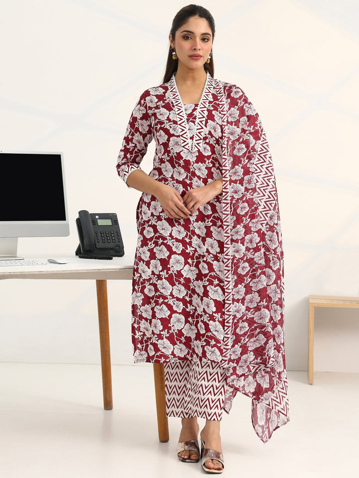 Maroon Floral Printed Cotton Blend Straight Suit Set With Dupatta