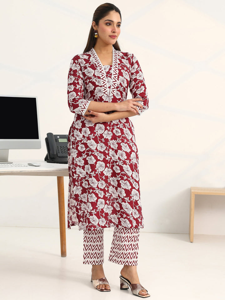 Maroon Floral Printed Cotton Blend Straight Suit Set With Dupatta