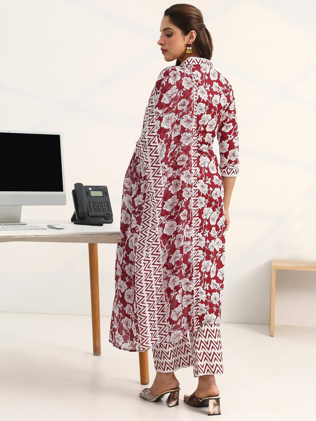 Maroon Floral Printed Cotton Blend Straight Suit Set With Dupatta