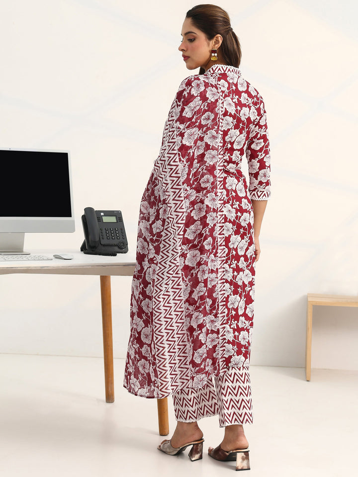 Maroon Floral Printed Cotton Blend Straight Suit Set With Dupatta