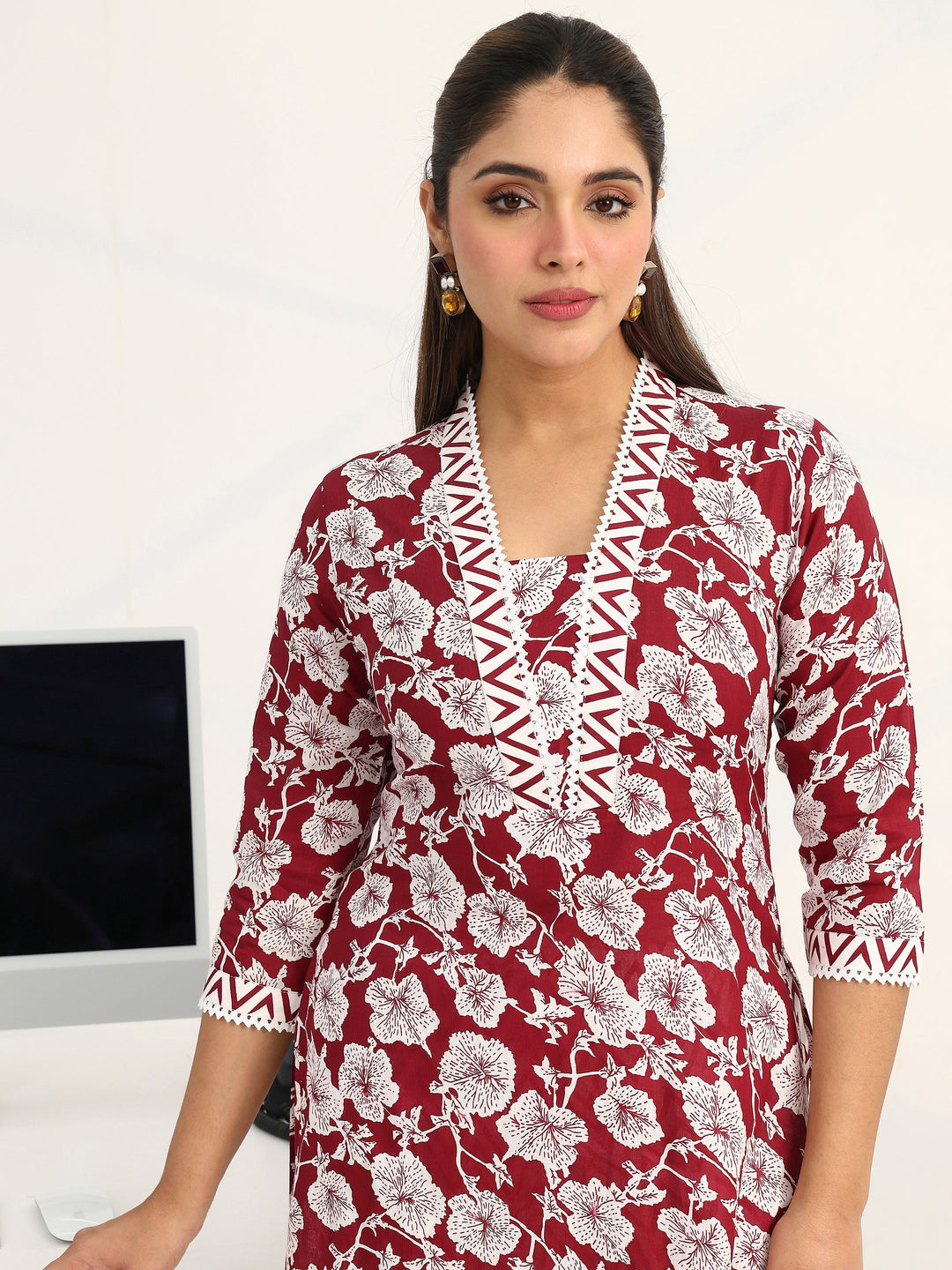 Maroon Floral Printed Cotton Blend Straight Suit Set With Dupatta