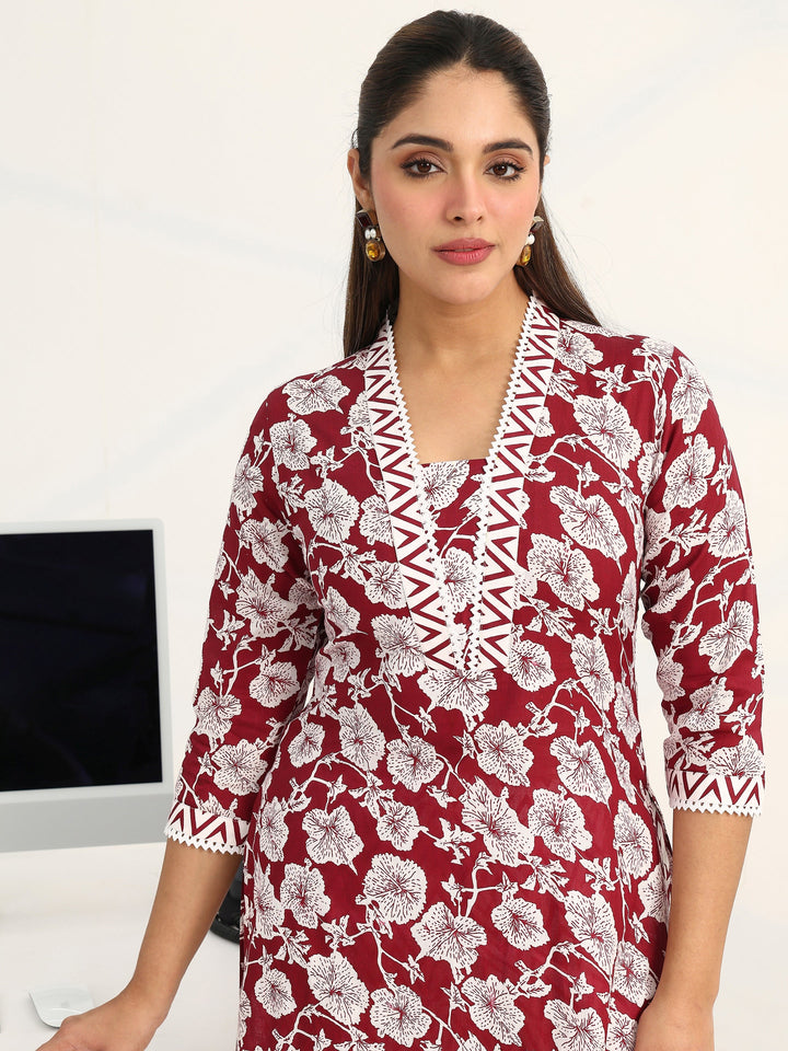 Maroon Floral Printed Cotton Blend Straight Suit Set With Dupatta