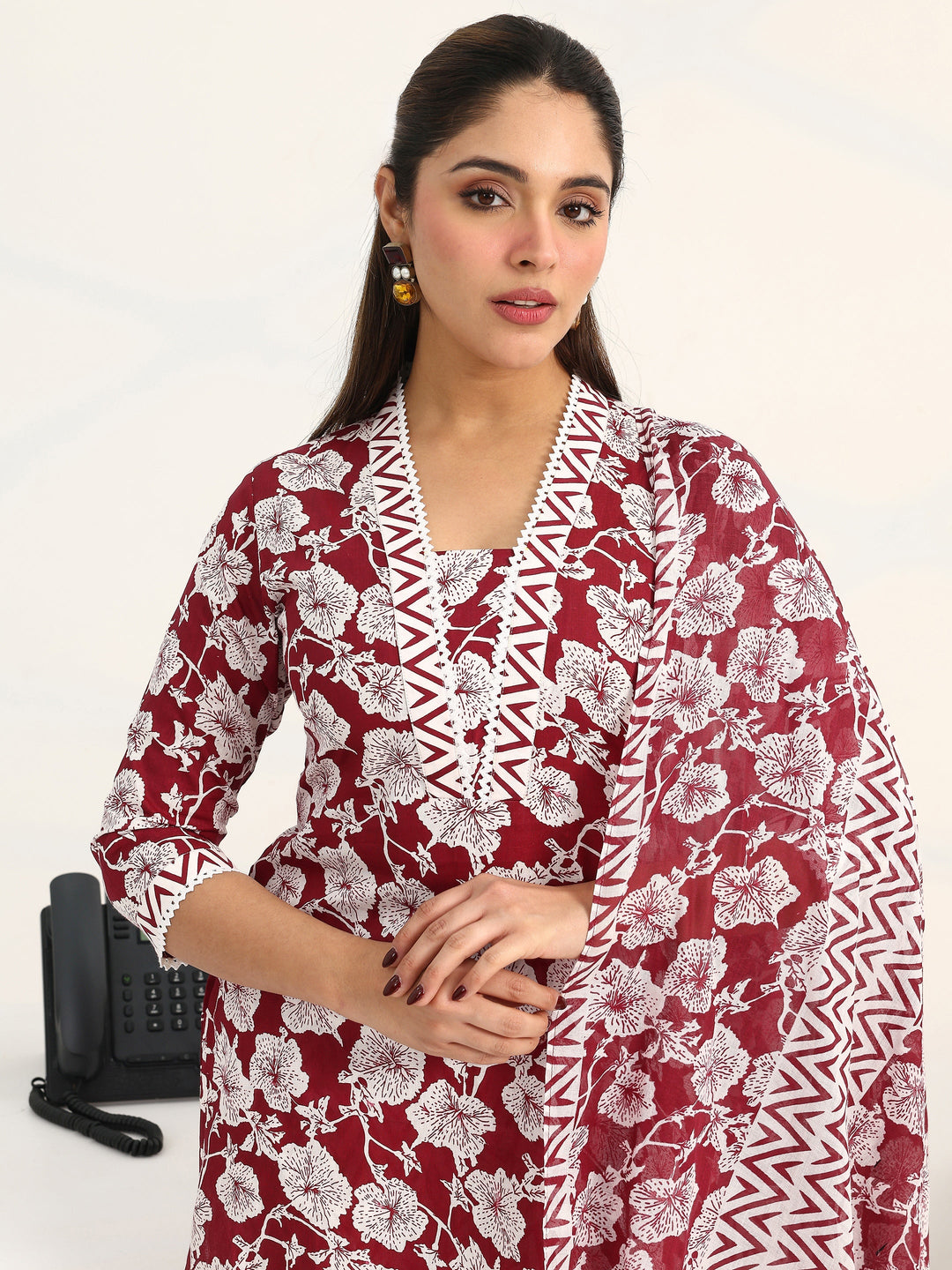 Maroon Floral Printed Cotton Blend Straight Suit Set With Dupatta