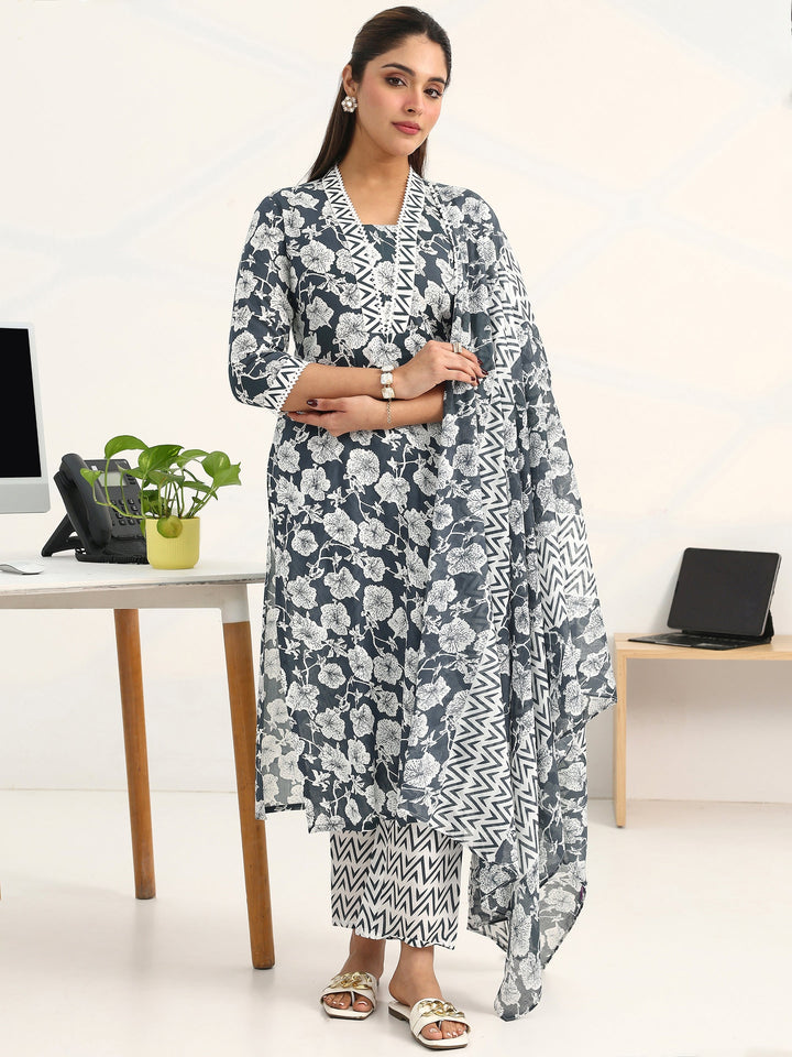Grey Floral Printed Cotton Blend Straight Suit Set With Dupatta
