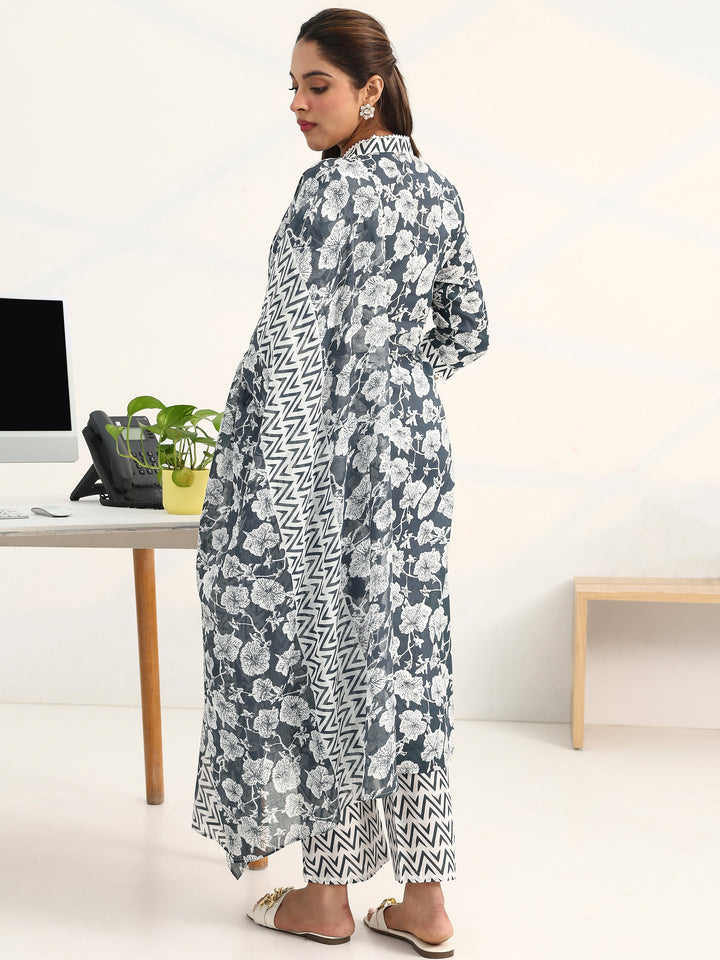 Grey Floral Printed Cotton Blend Straight Suit Set With Dupatta