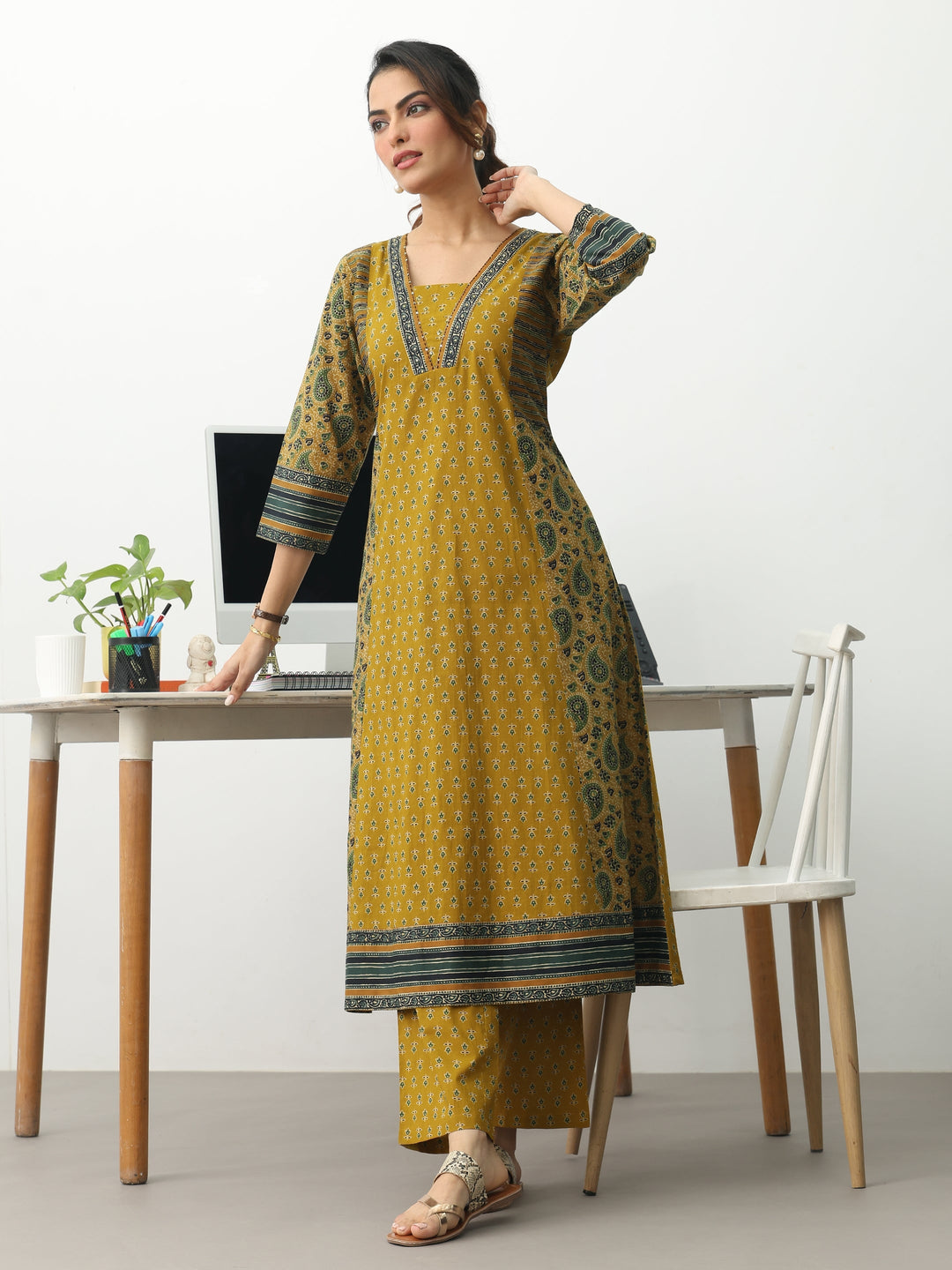 Mustard Ethnic Motifs Printed Cotton Blend A-Line Suit Set With Dupatta
