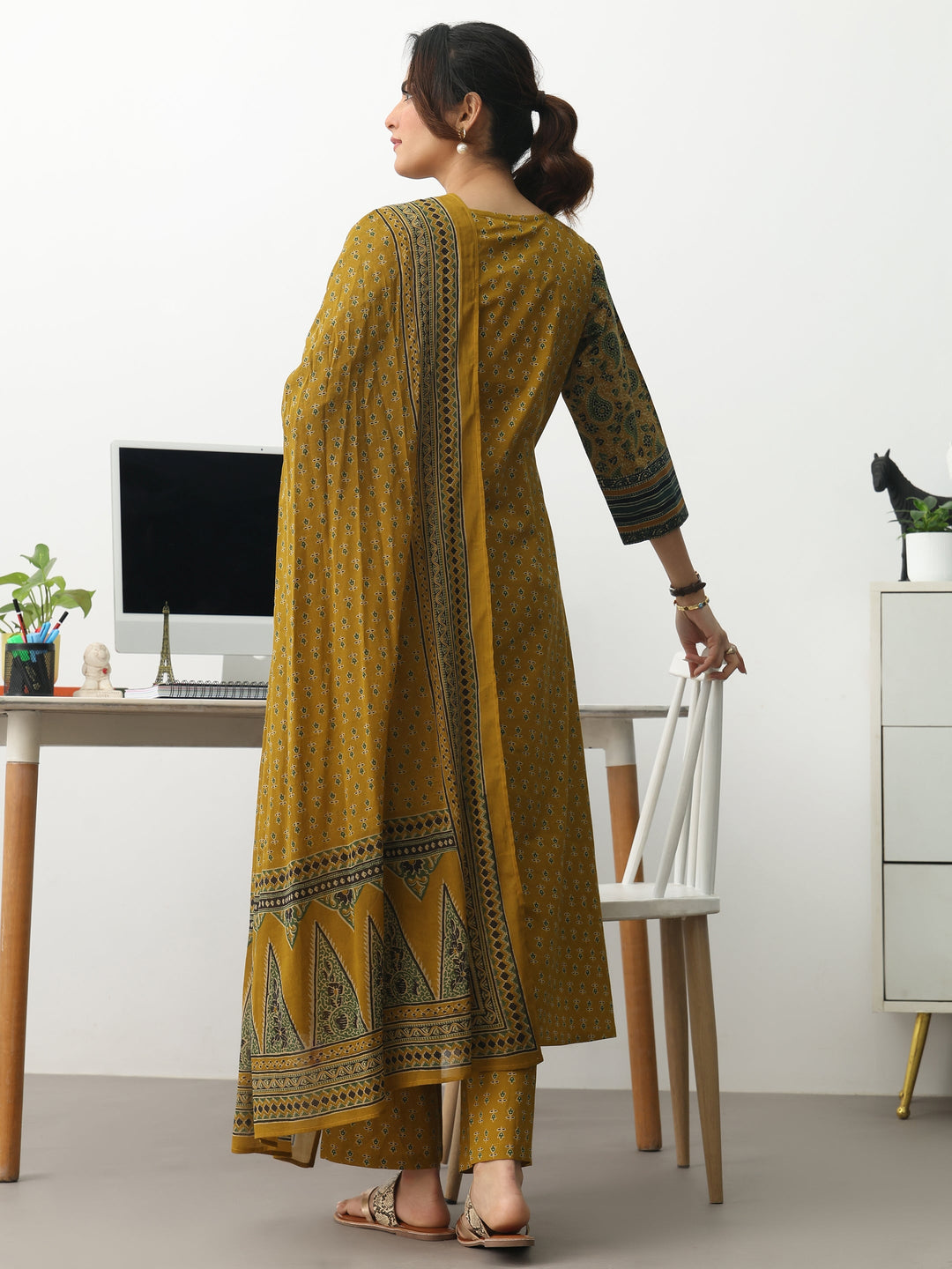 Mustard Ethnic Motifs Printed Cotton Blend A-Line Suit Set With Dupatta