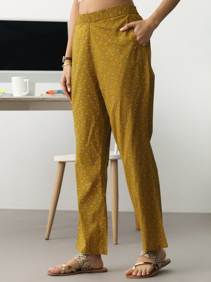 Mustard Ethnic Motifs Printed Cotton Blend A-Line Suit Set With Dupatta