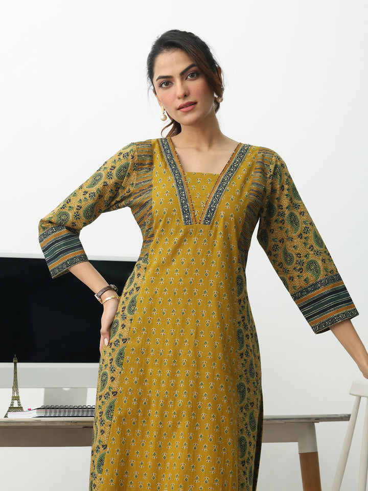 Mustard Ethnic Motifs Printed Cotton Blend A-Line Suit Set With Dupatta
