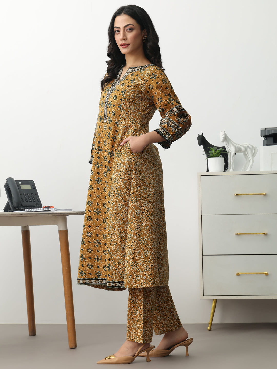 Mustard Ethnic Motifs Printed Cotton Blend A-Line Suit Set With Dupatta
