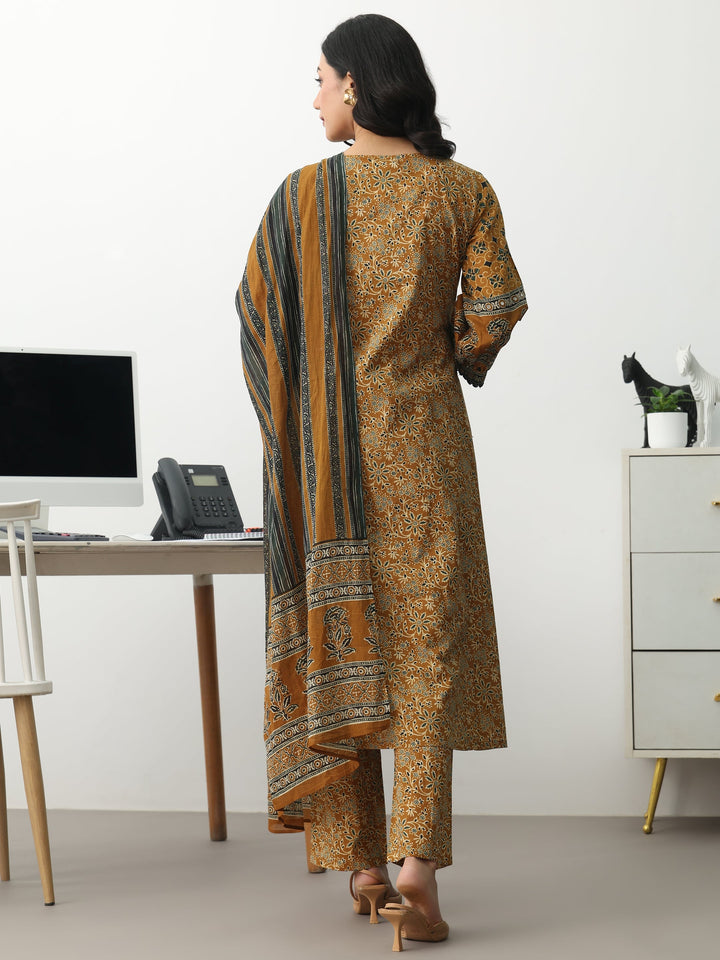 Mustard Ethnic Motifs Printed Cotton Blend A-Line Suit Set With Dupatta