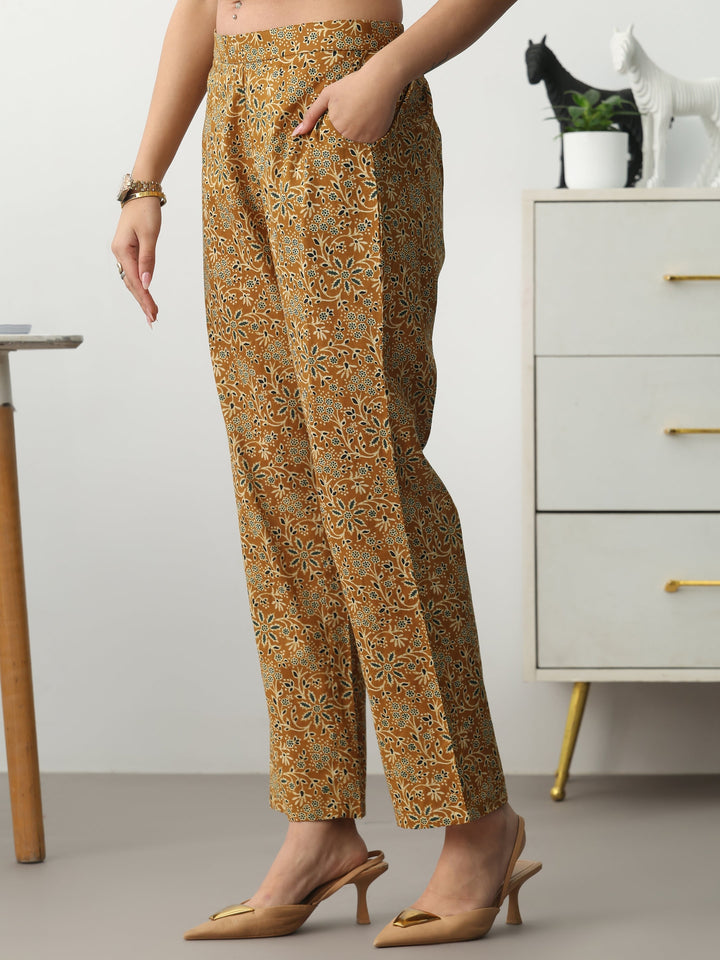 Mustard Ethnic Motifs Printed Cotton Blend A-Line Suit Set With Dupatta