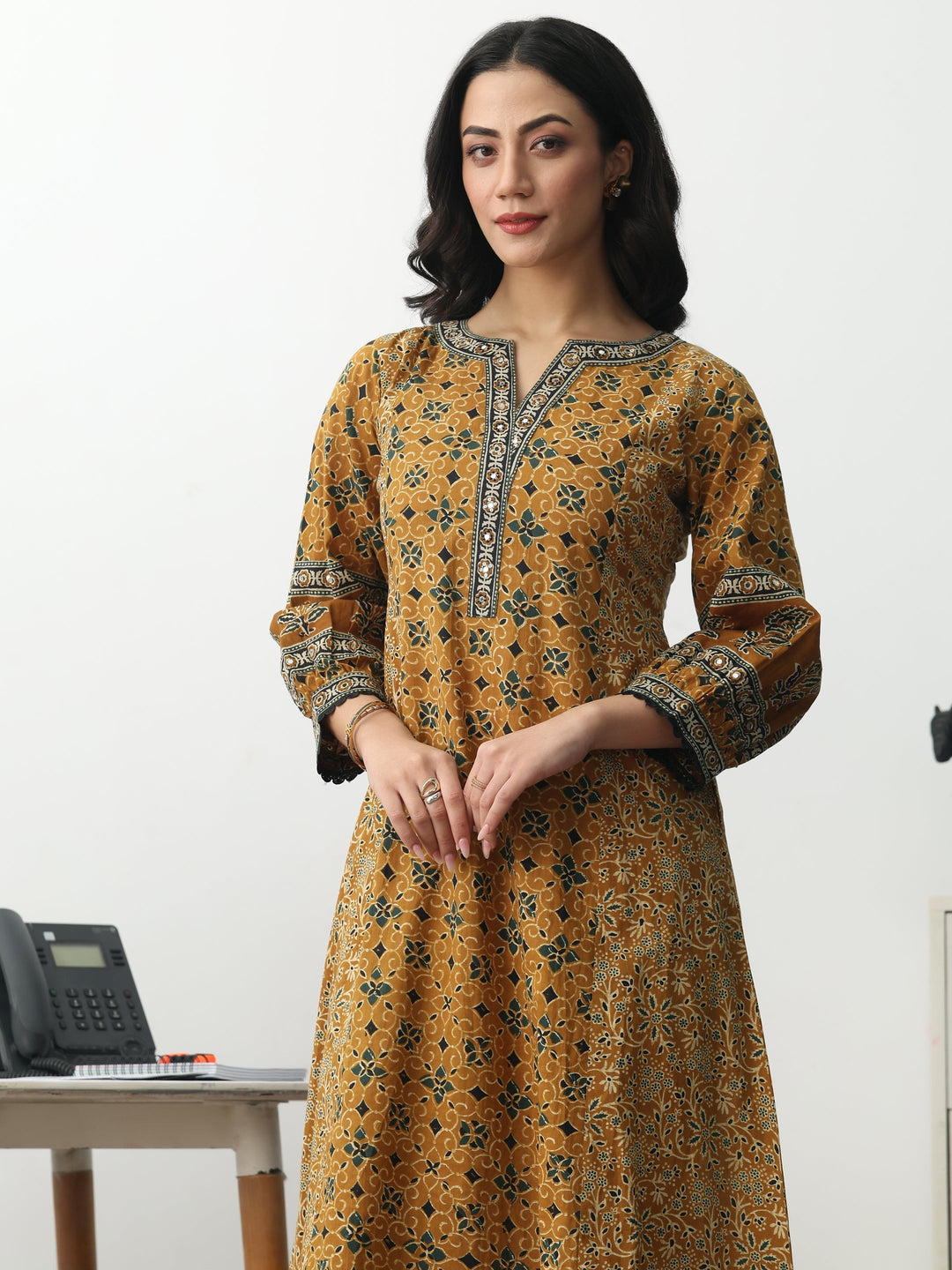 Mustard Ethnic Motifs Printed Cotton Blend A-Line Suit Set With Dupatta