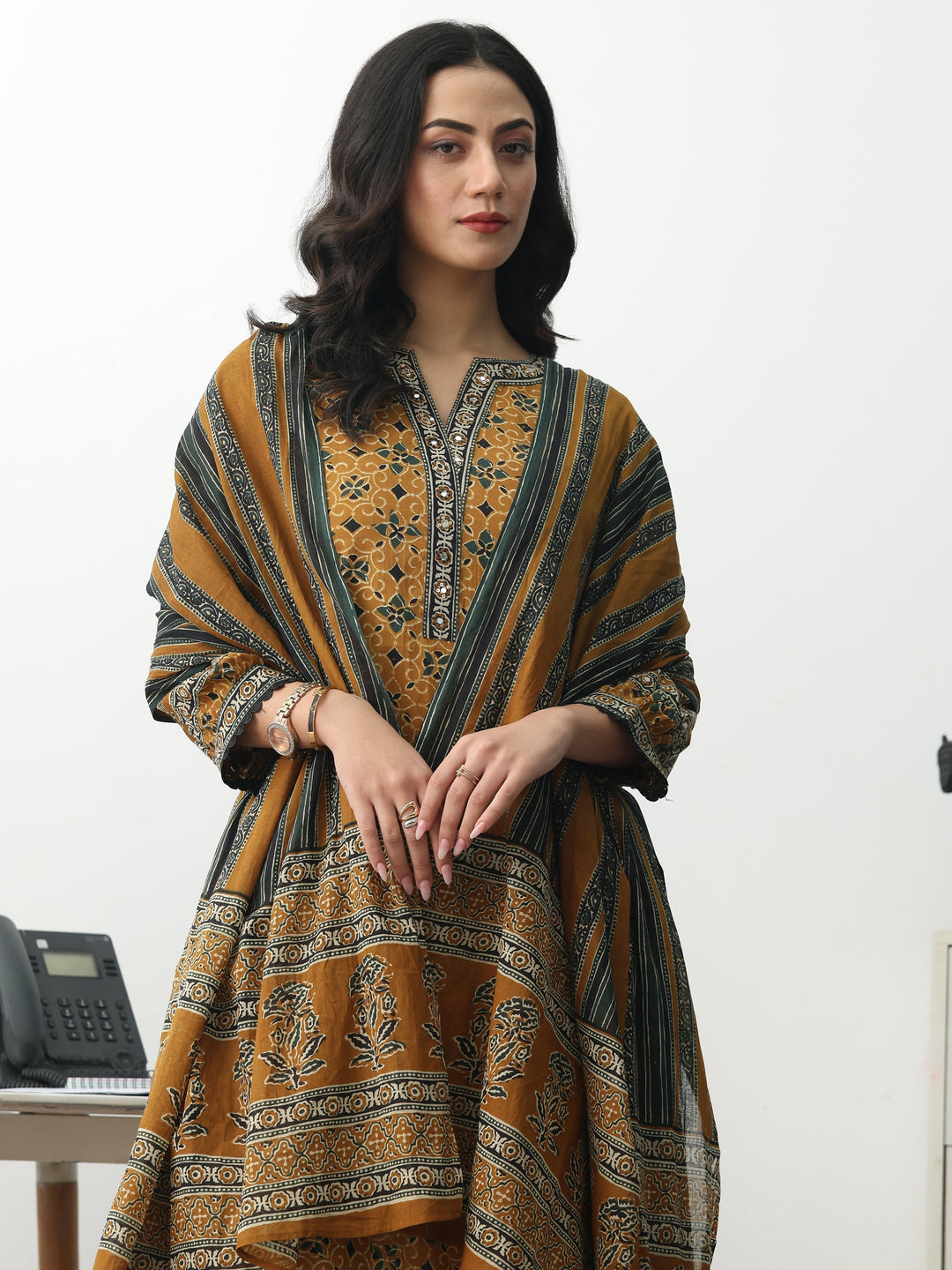 Mustard Ethnic Motifs Printed Cotton Blend A-Line Suit Set With Dupatta