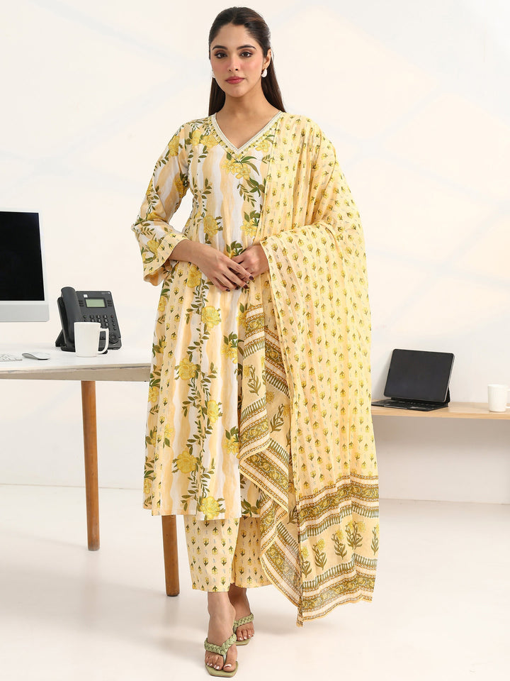 Yellow Floral Printed Cotton Blend A-Line Suit Set With Dupatta