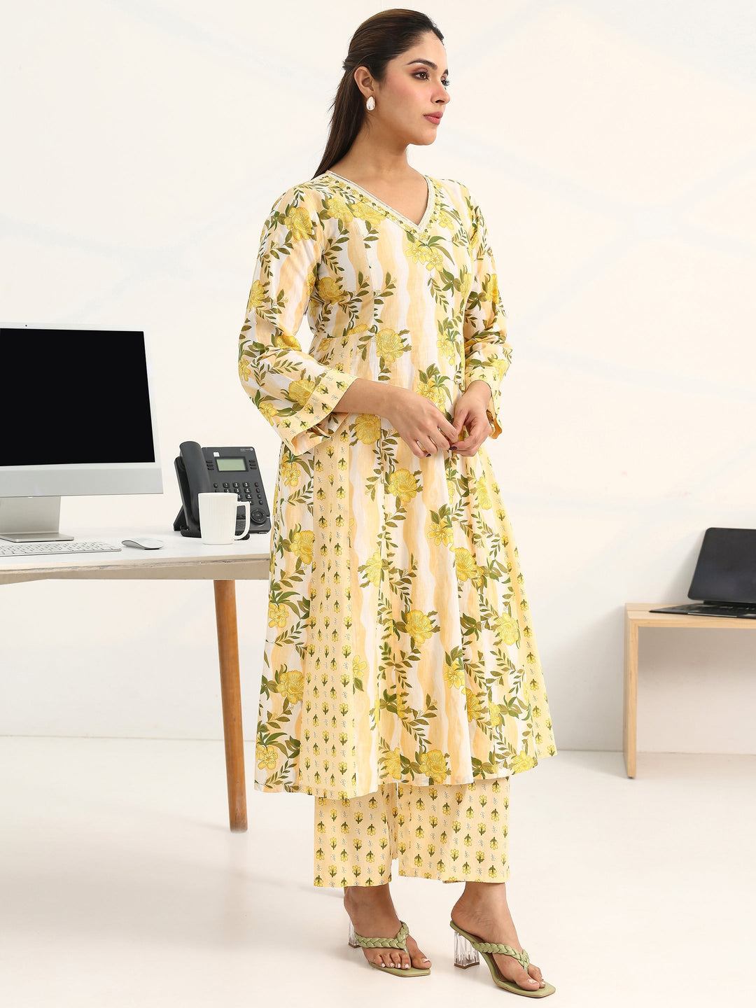 Yellow Floral Printed Cotton Blend A-Line Suit Set With Dupatta