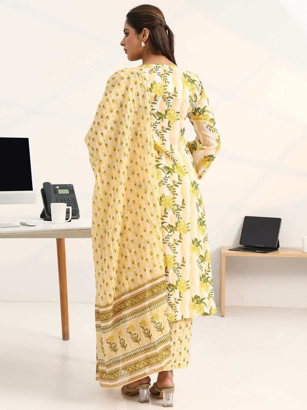 Yellow Floral Printed Cotton Blend A-Line Suit Set With Dupatta