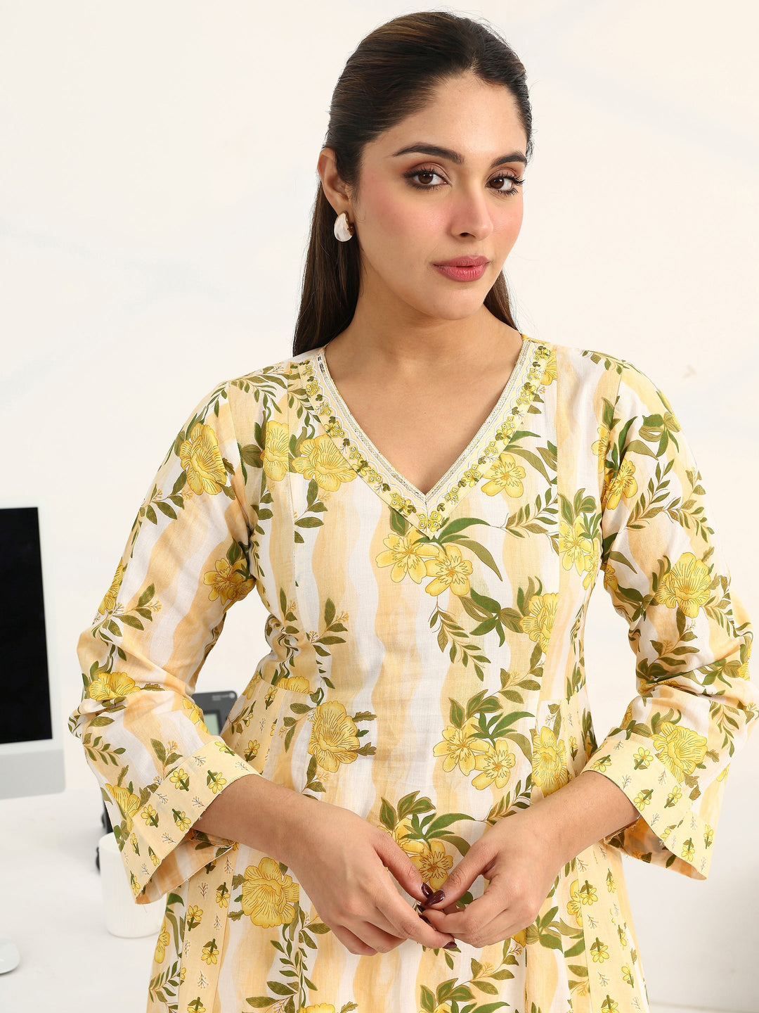 Yellow Floral Printed Cotton Blend A-Line Suit Set With Dupatta