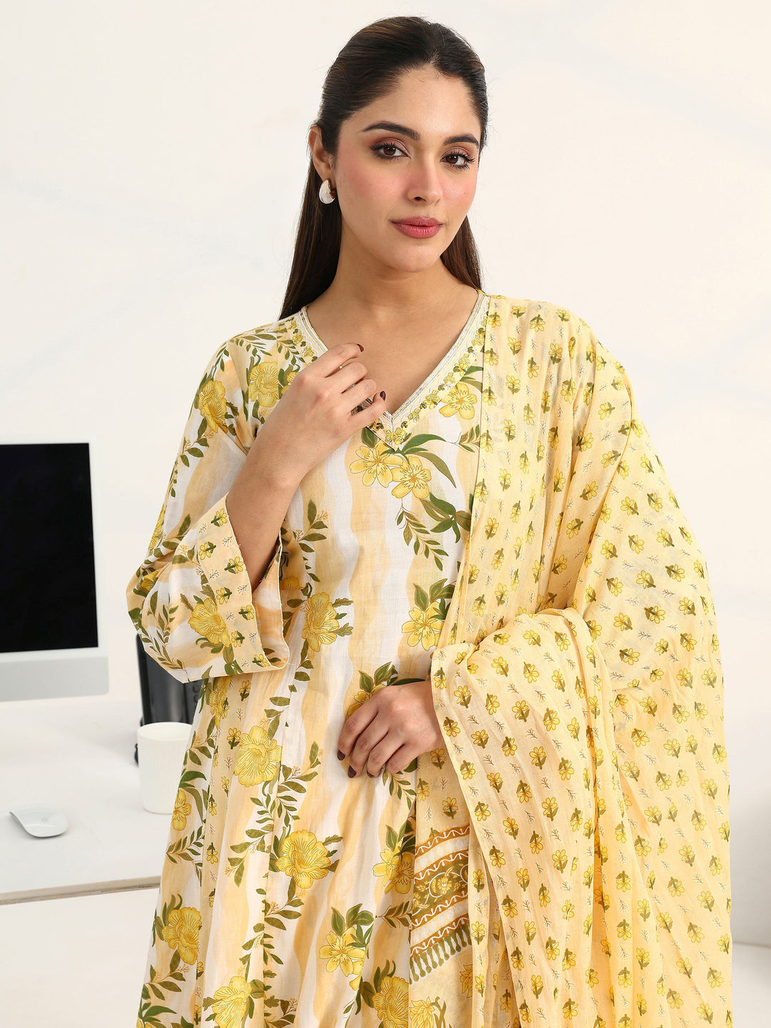 Yellow Floral Printed Cotton Blend A-Line Suit Set With Dupatta