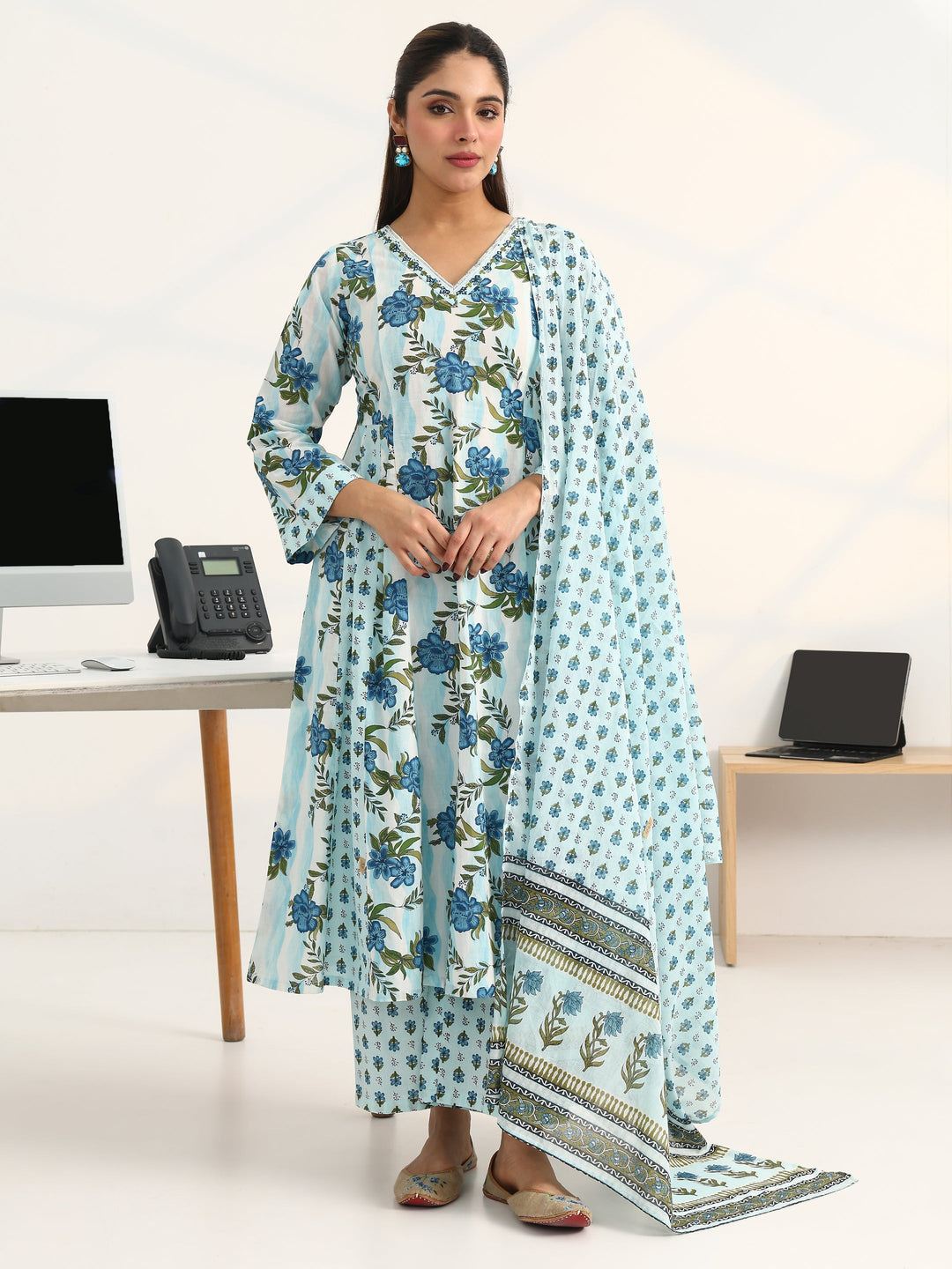 Blue Floral Printed Cotton Blend A-Line Suit Set With Dupatta